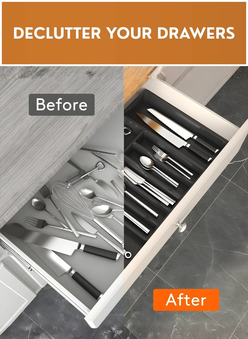 JUNI Silverware Drawer Organizer, Expandable Utensil Tray for Kitchen, BPA Free Flatware and Cutlery Holder, Adjustable Plastic Storage for Spoons Forks Knives, Large - Image 5